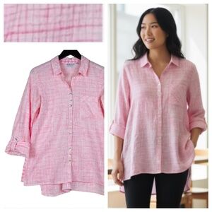 Habitat Small Shirt Button Down Top Plaid Seersucker Pink Art to Wear Lagenlook